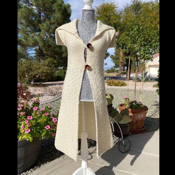 FREE PEOPLE RARE! Handmade Fisherman’s Wool Cardigan Sweater Duster Cream XS - Picture 7 of 9